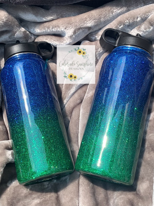 Blue and Green Glitter Ombre Tumbler Water Bottle