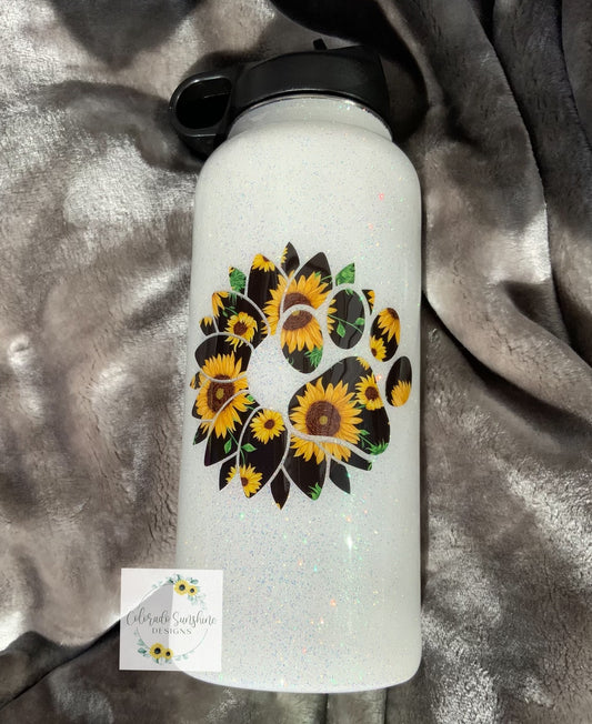 White Glitter Tumbler or Water Bottle with Sunflower Pawprint decal