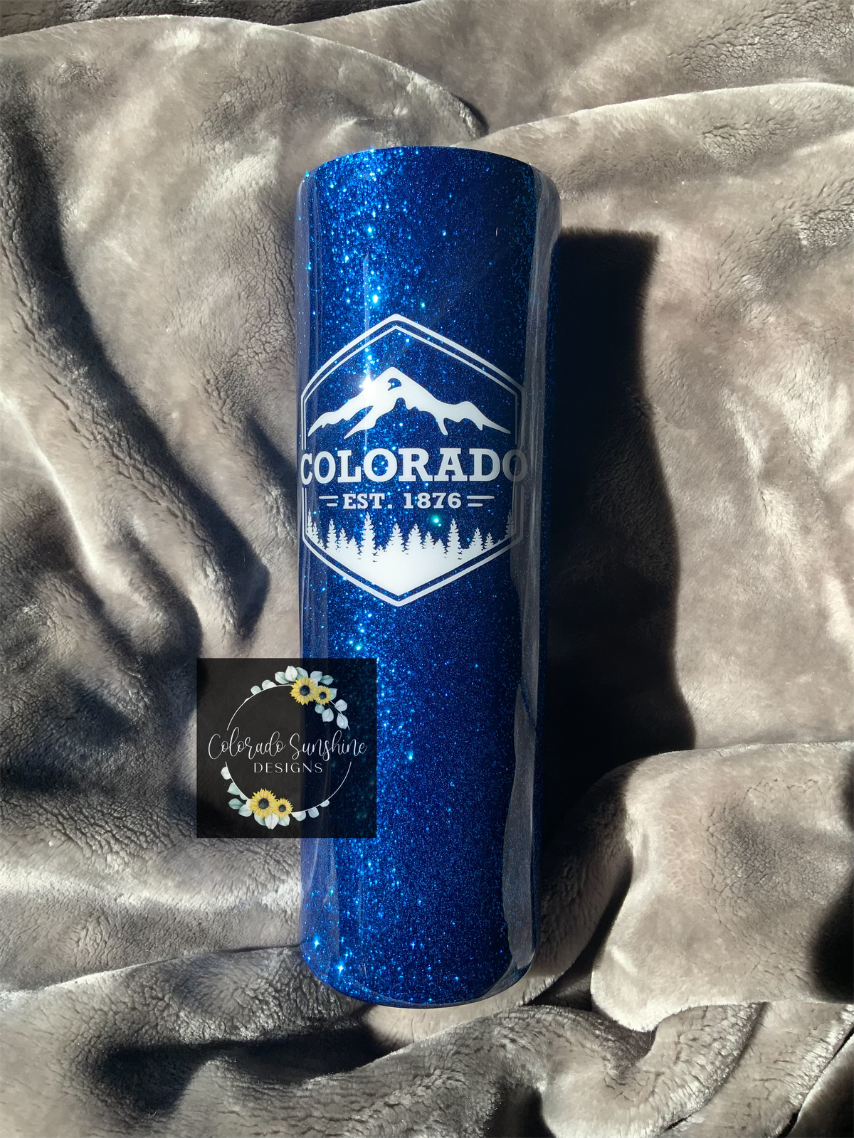 Blue Glitter with Colorado Badge Tumbler or Water Bottle